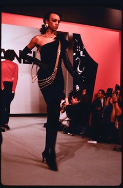 Chanel Fall/Winter 1987 Black Bow 24K Gold-Plated Chains One-Shoulder Dress
