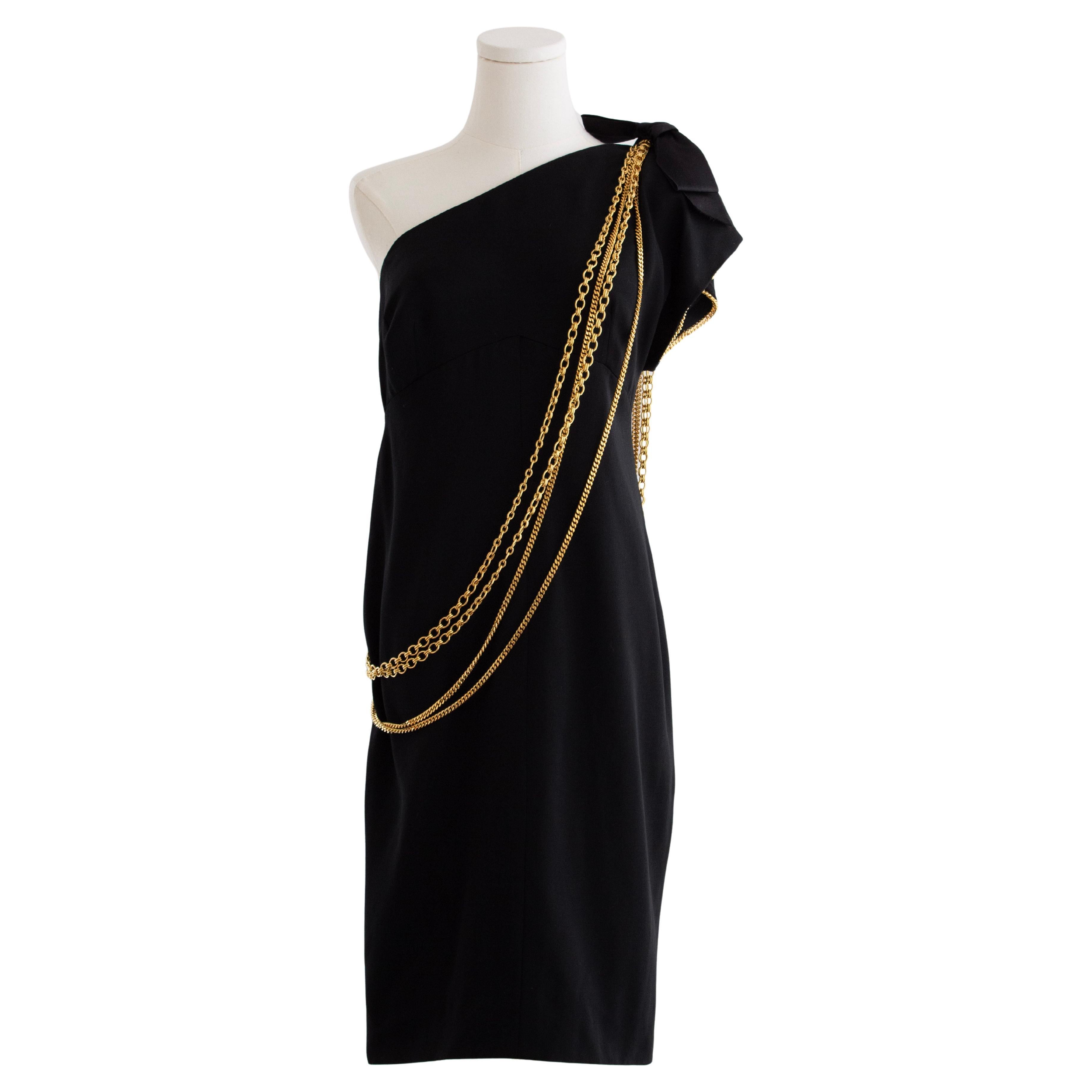 Chanel Fall/Winter 1987 Black Bow 24K Gold-Plated Chains One-Shoulder Dress For Sale
