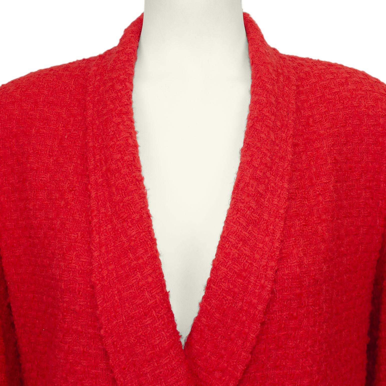 Chanel Herbst/Winter 1988 Roter doppelreihiger Boucle-Rockanzug mit Gürtel 1