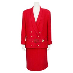 Chanel Herbst/Winter 1988 Roter doppelreihiger Boucle-Rockanzug mit Gürtel