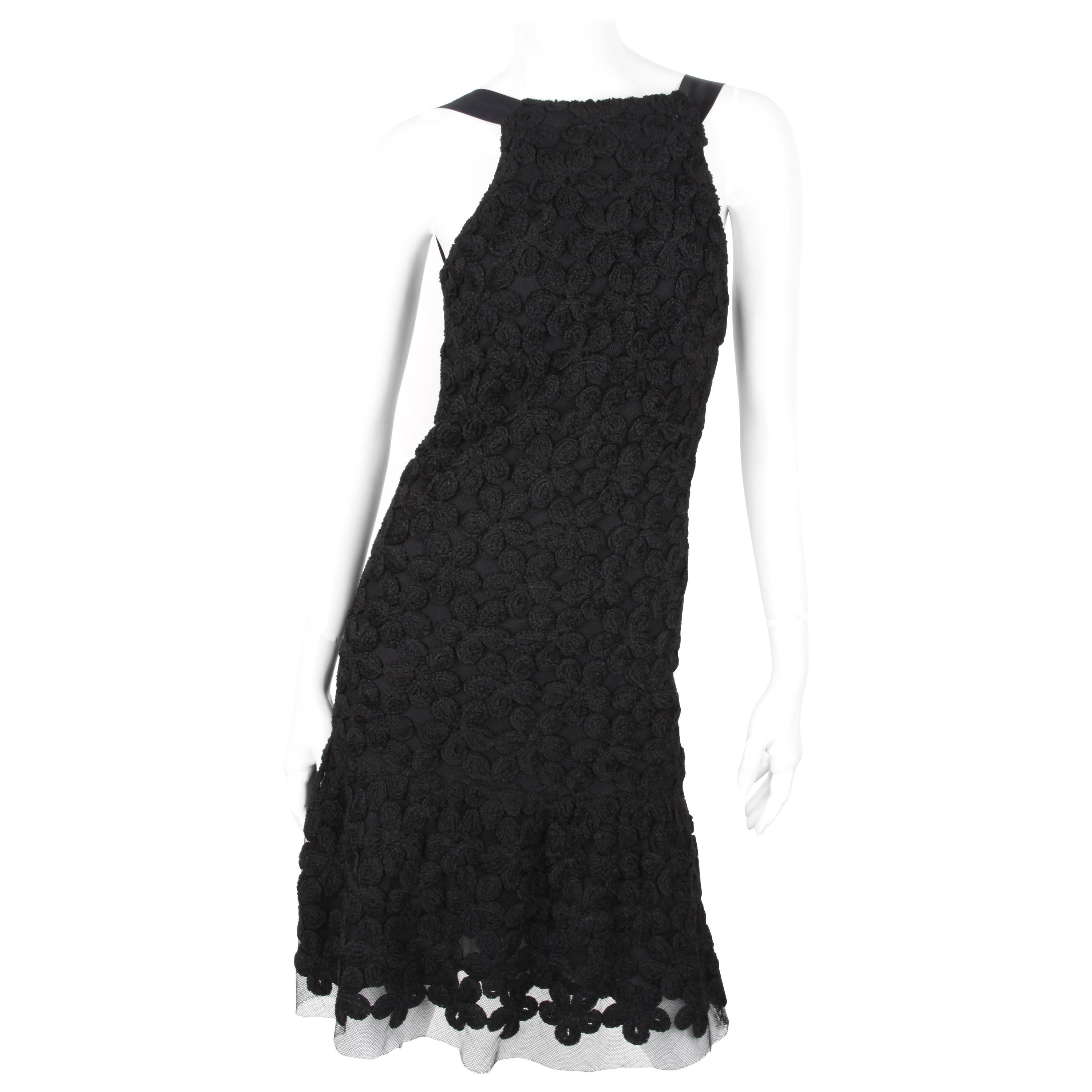 Chanel Fall/Winter 2005 Black Floral Crotchet Camelia Wool Mesh Dress For Sale