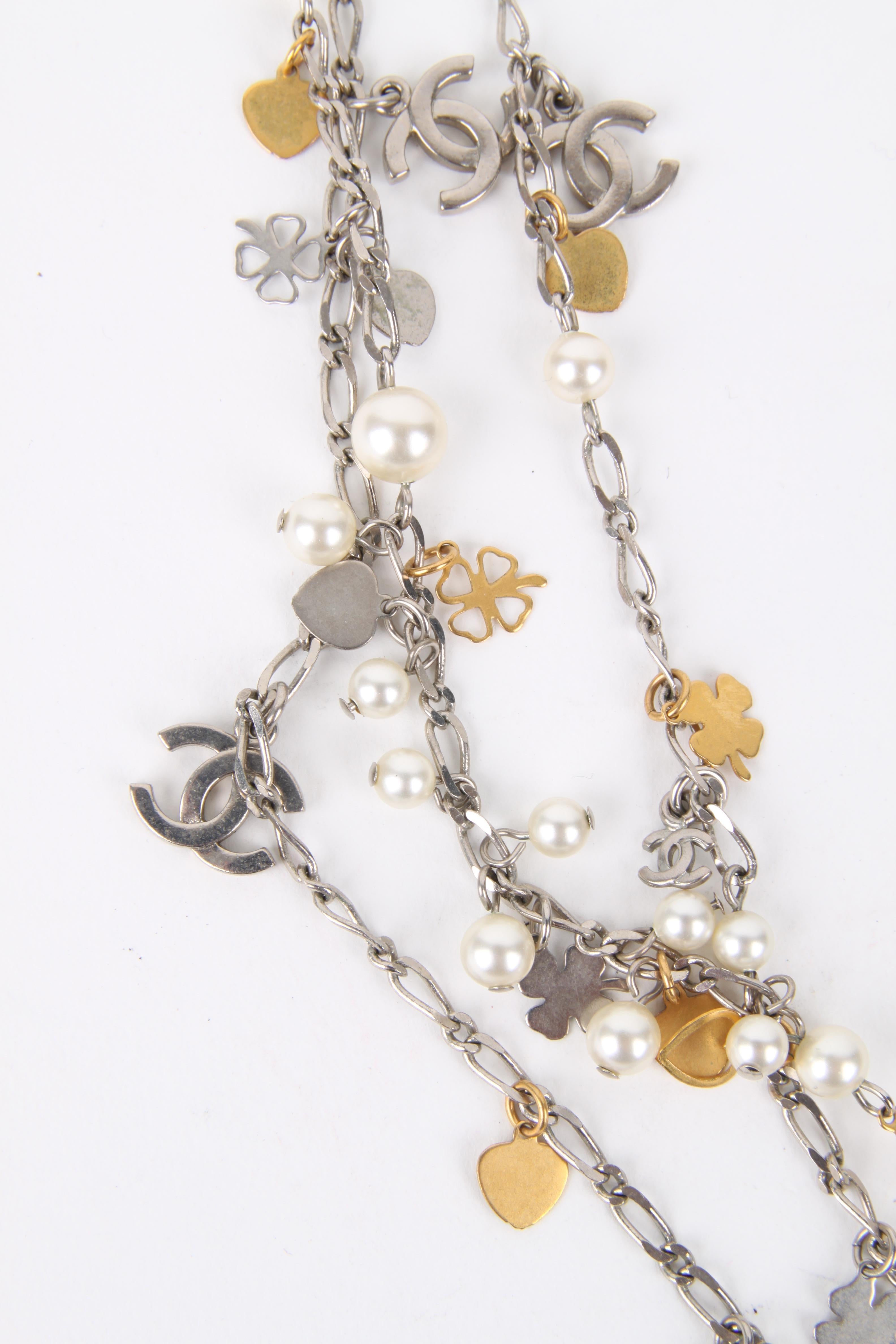 Chanel Fall/Winter 2007 Silver Gold Multi-Strand Chain Hearts Clover Faux Pearl In Excellent Condition In Baarn, NL