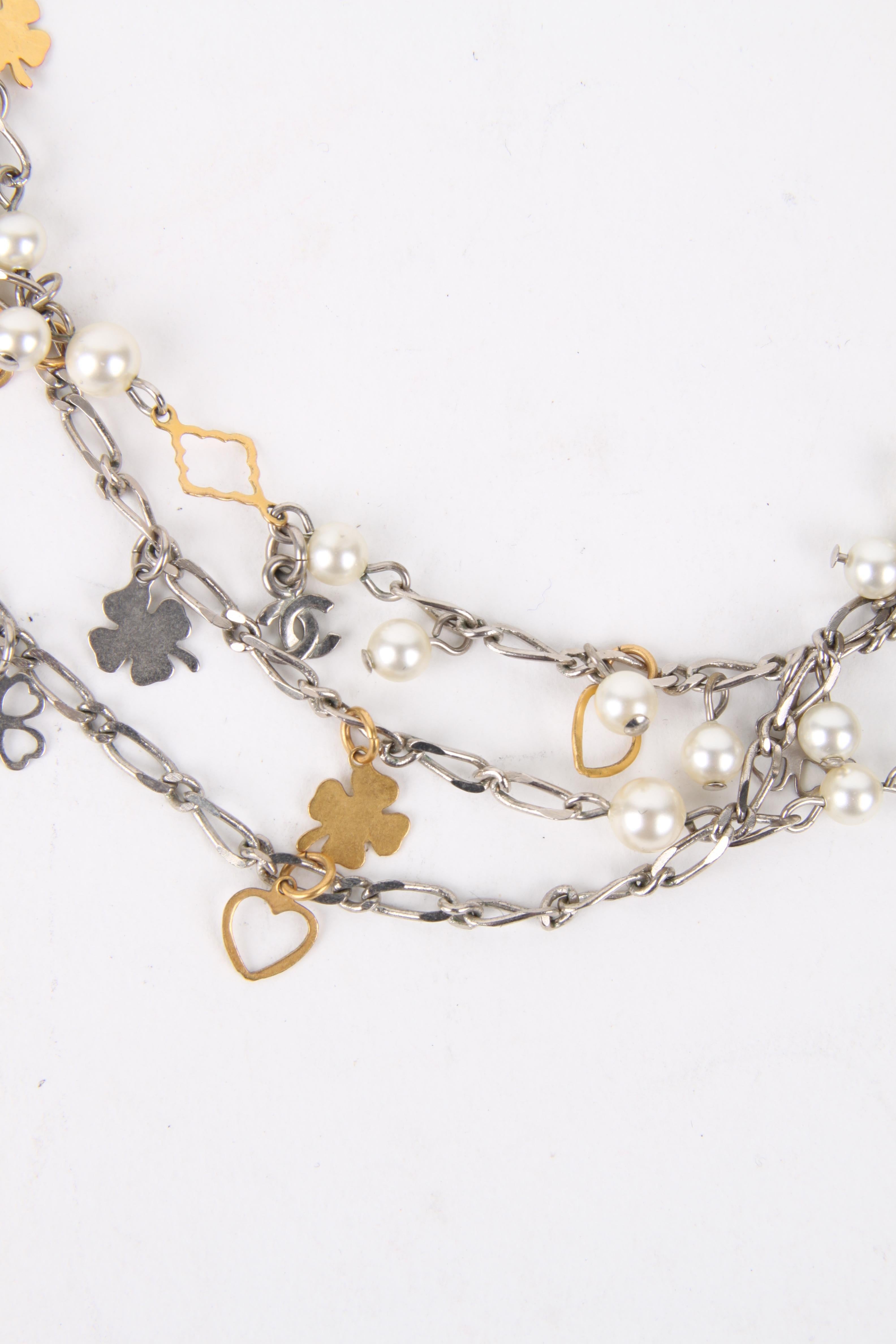Women's or Men's Chanel Fall/Winter 2007 Silver Gold Multi-Strand Chain Hearts Clover Faux Pearl