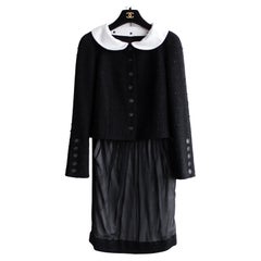 Chanel Autunno/Inverno 2009 Nero Bianco Claudine Colletto Tweed 09A Giacca Gonna Abito