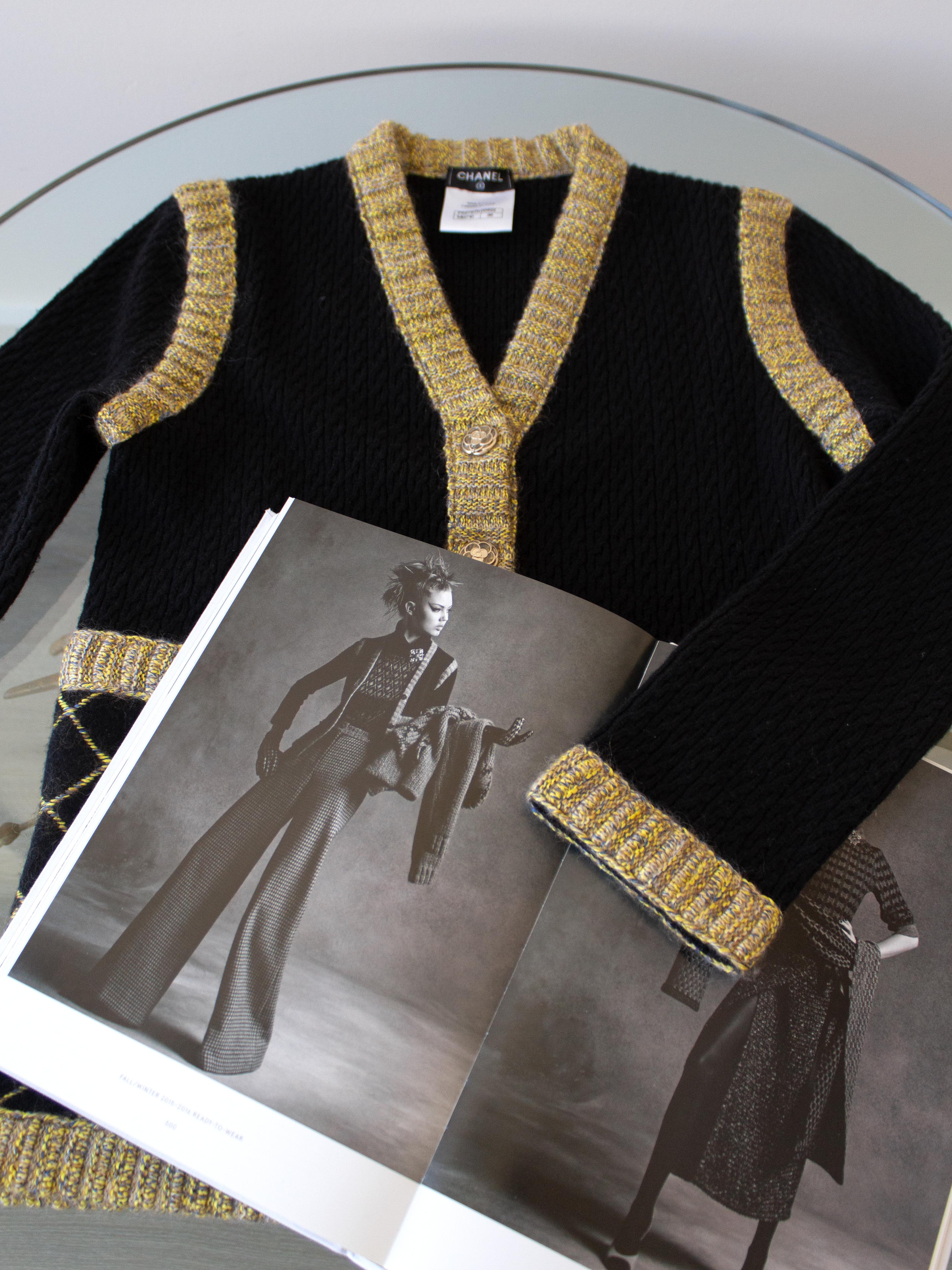 Chanel Fall/Winter 2015 Brasserie Black Gold Quilted Cashmere 15K Cardigan 8