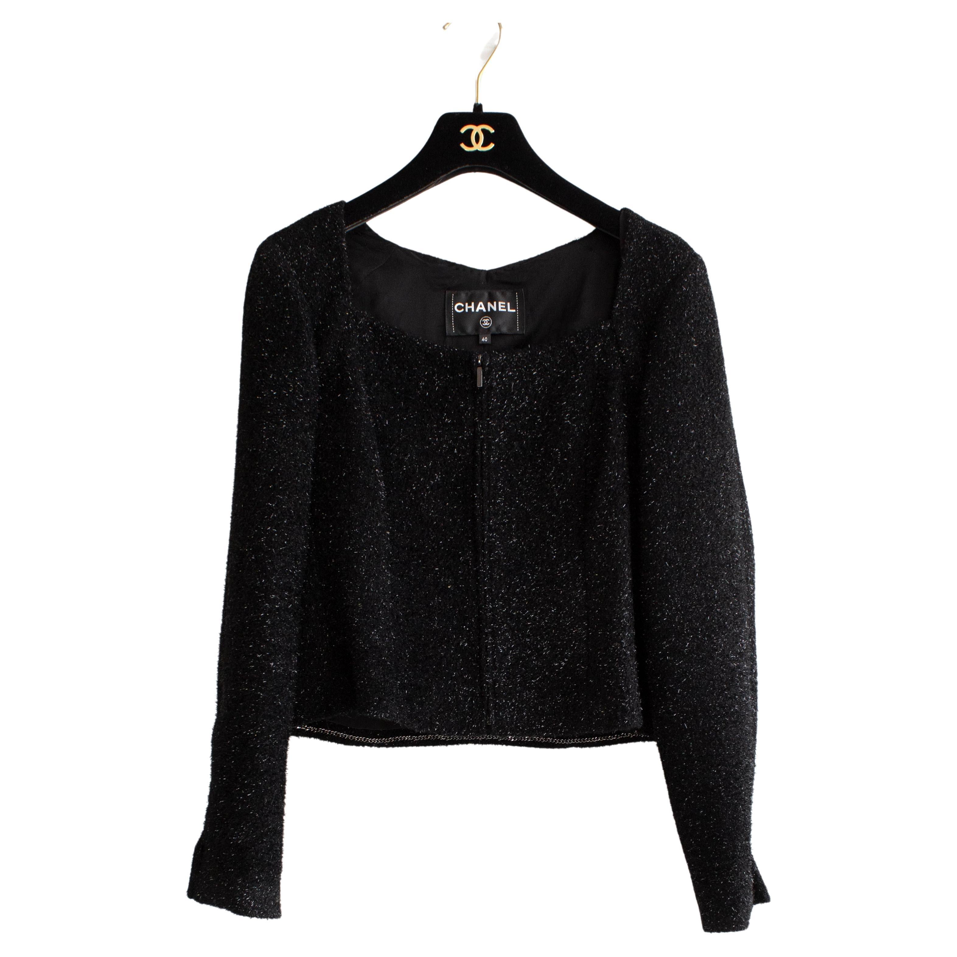 Chanel Herbst Winter 2016 Schwarz schimmernde LBJ Abendjacke aus Tweed 16K Jacke im Angebot
