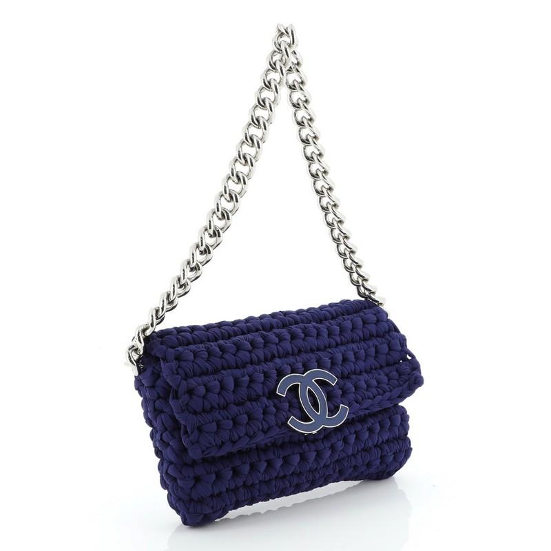 Black Chanel Fancy Crochet Flap Bag Fabric Small
