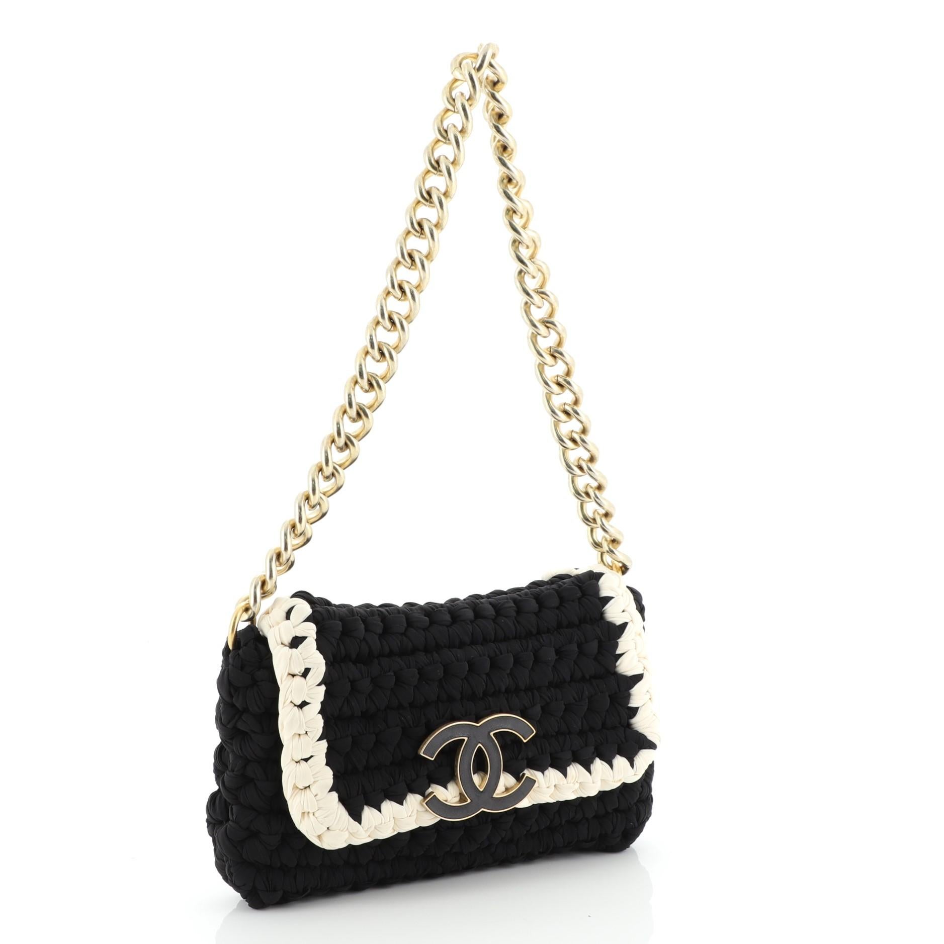 Black Chanel Fancy Crochet Flap Bag Fabric Small 