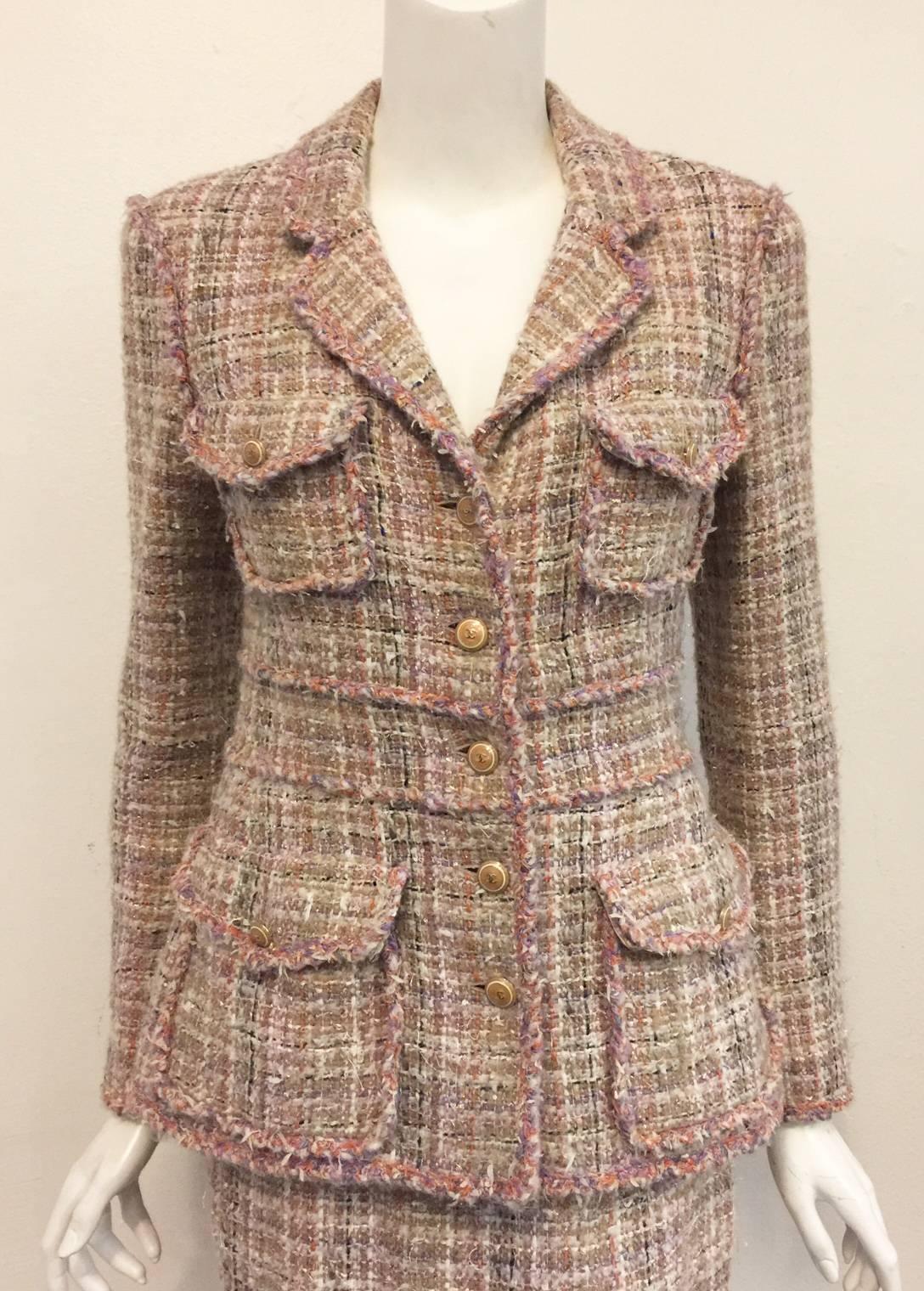 Brown Chanel Fantasy Pink Tweed Skirt Suit With Banded Waist and Patch Pockets EU 38