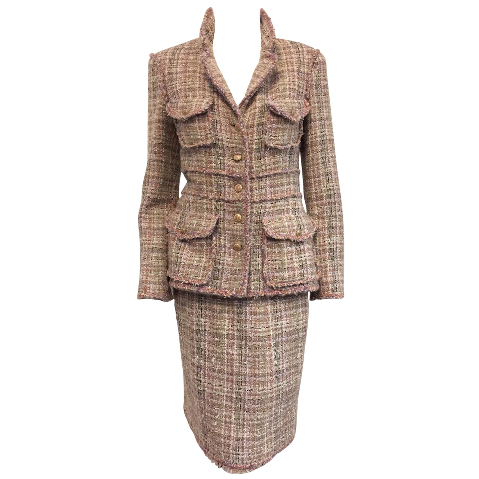 Chanel Fantasy Pink Tweed Skirt Suit With Banded Waist and Patch Pockets EU 38
