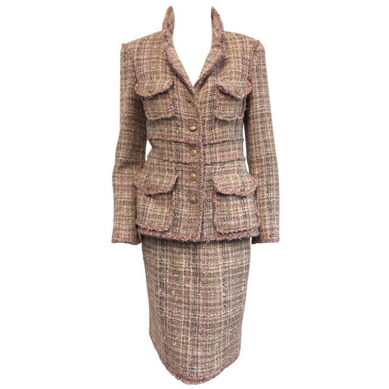 Chanel Fantasy Pink Tweed Skirt Suit With Banded Waist and Patch Pockets EU  38 at 1stDibs