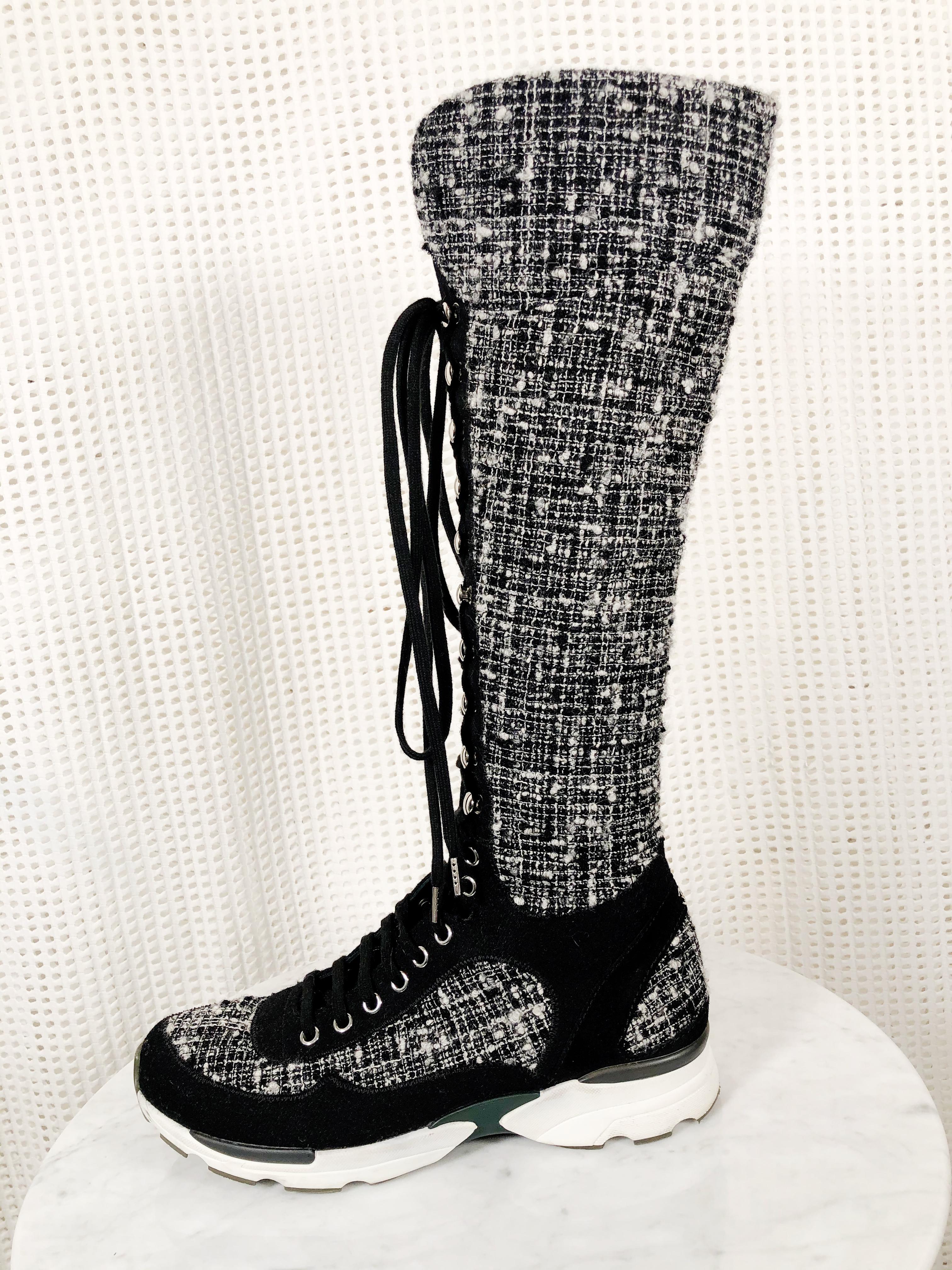 Fabulous Chanel black/white knee-high black and white Fantasy tweed lace-up sneakers. 