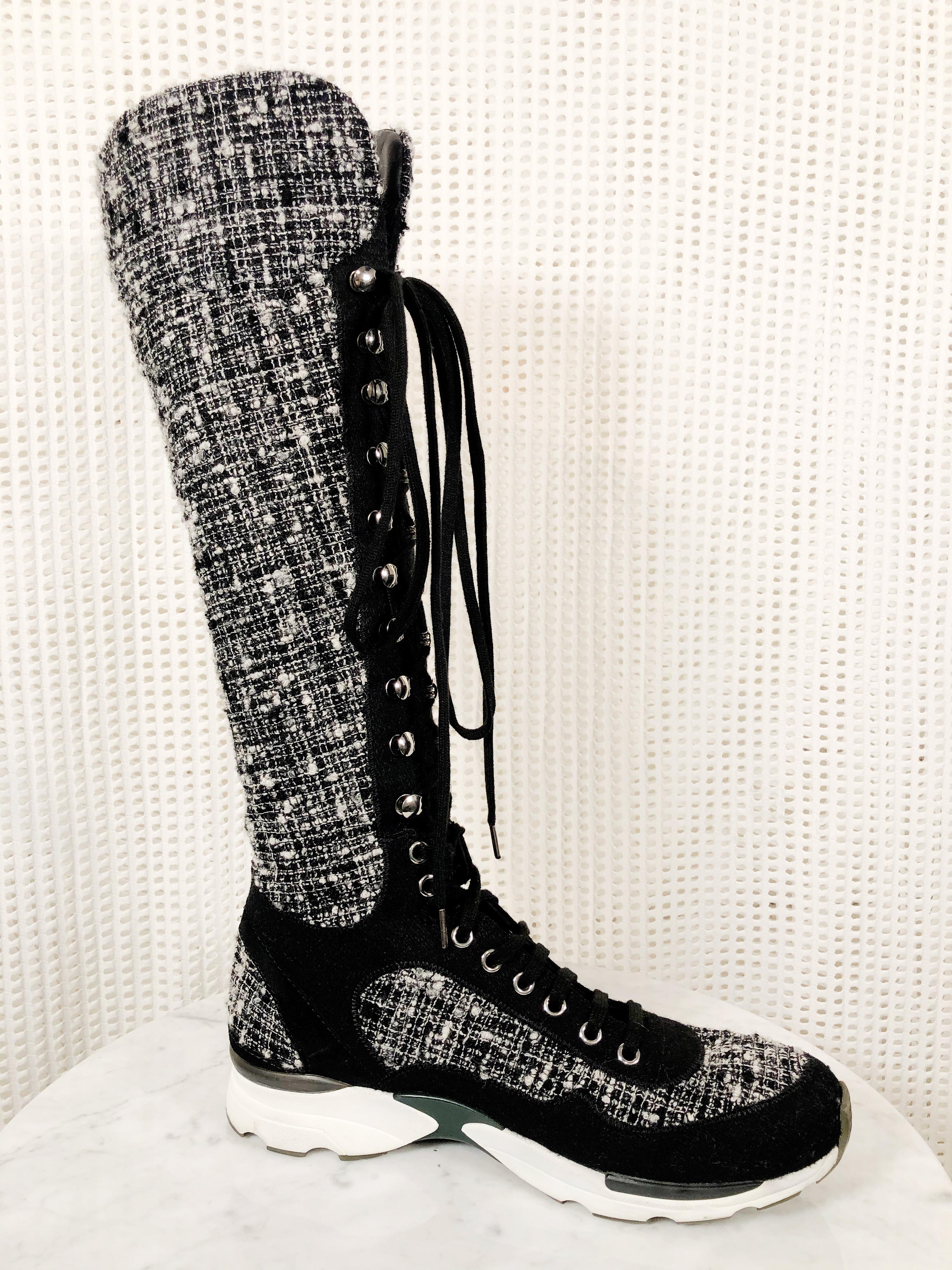 Chanel Fantasy Tweed Black & White Knee-High Sneaker Boots W/ 