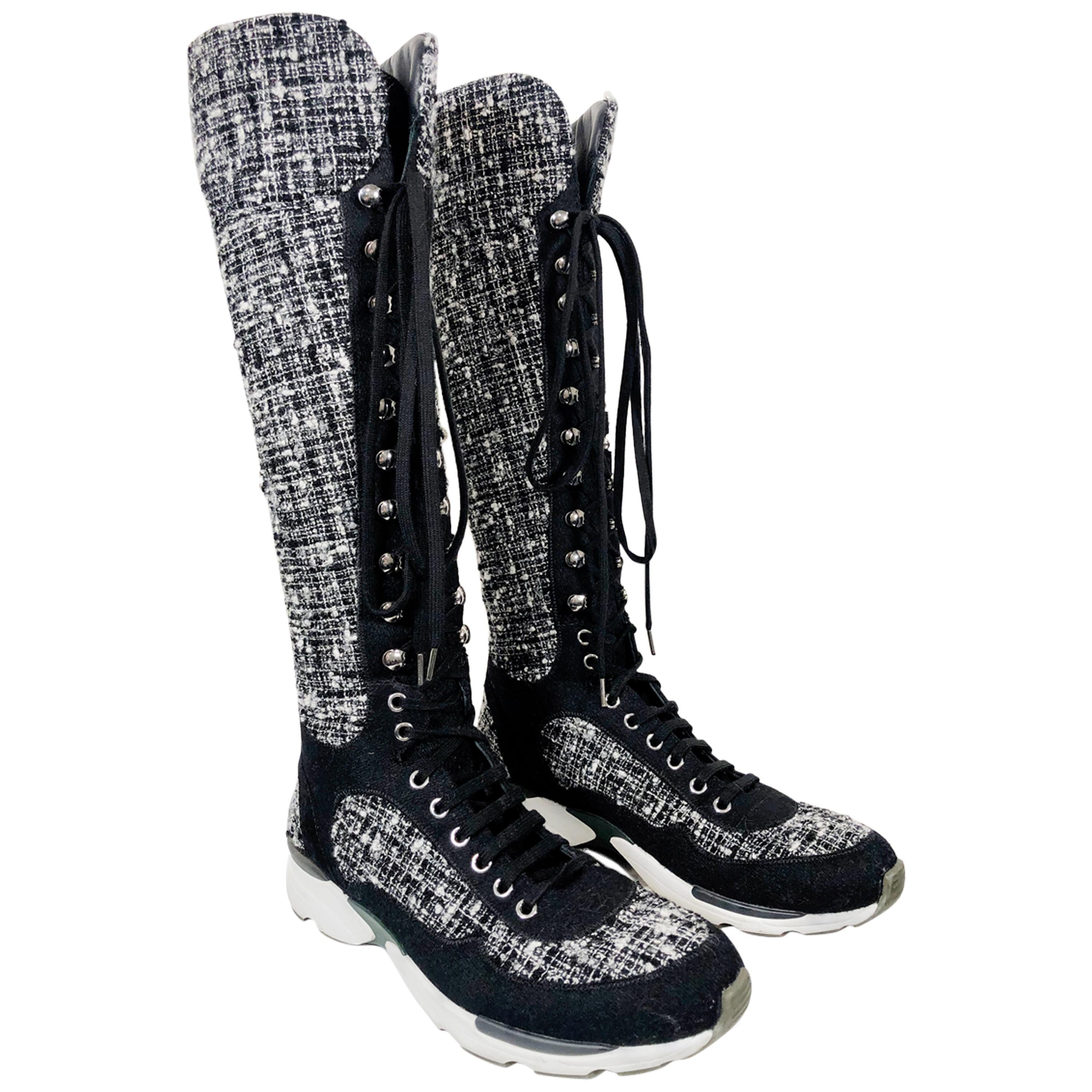 Thigh High Canvas Lace up Sneaker Boots Black and White | RebelsMarket