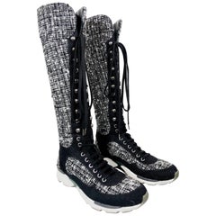 Chanel Fantasy Tweed Black & White Knee-High Sneaker Boots W/ "CC" Logo