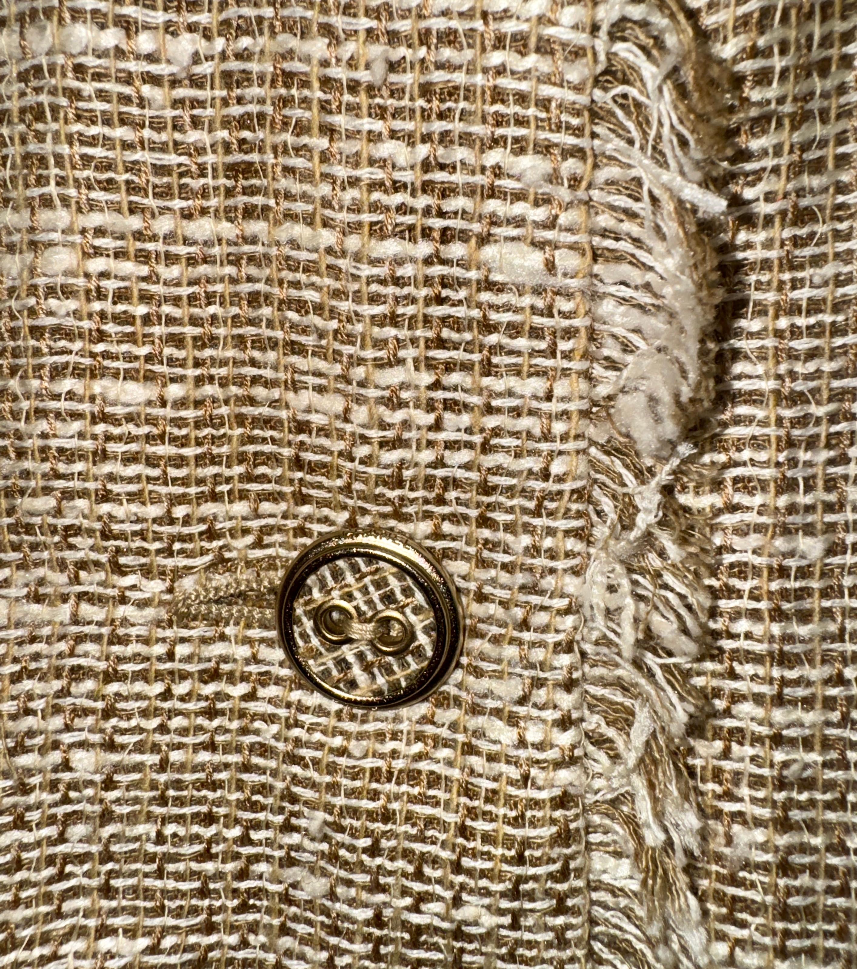 Women's CHANEL Fantasy Tweed Fringed Trim Jacket Blazer Linen Silk Blend 38 For Sale
