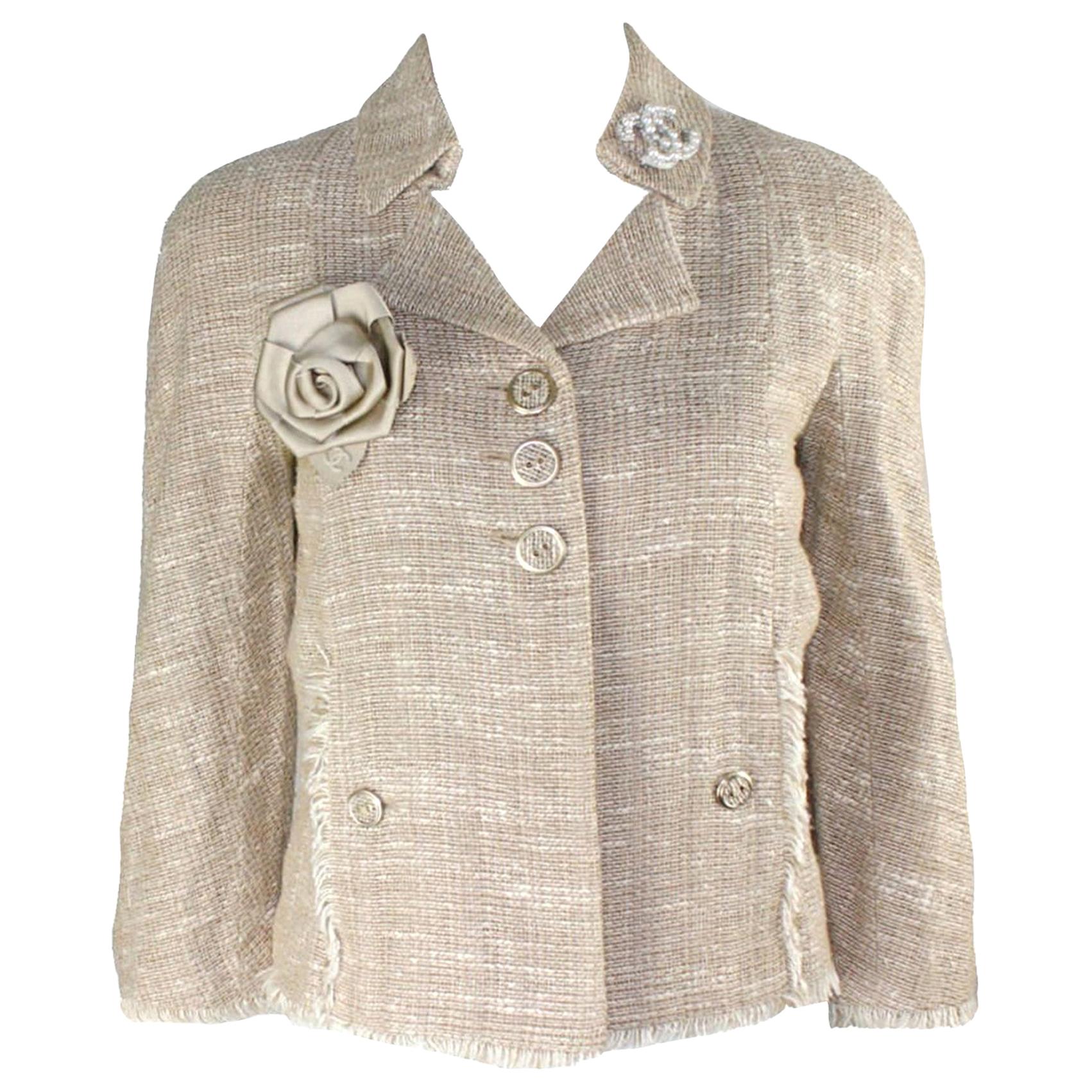 CHANEL Fantasy Tweed Fringed Trim Jacket Blazer Linen Silk Blend 38 For Sale