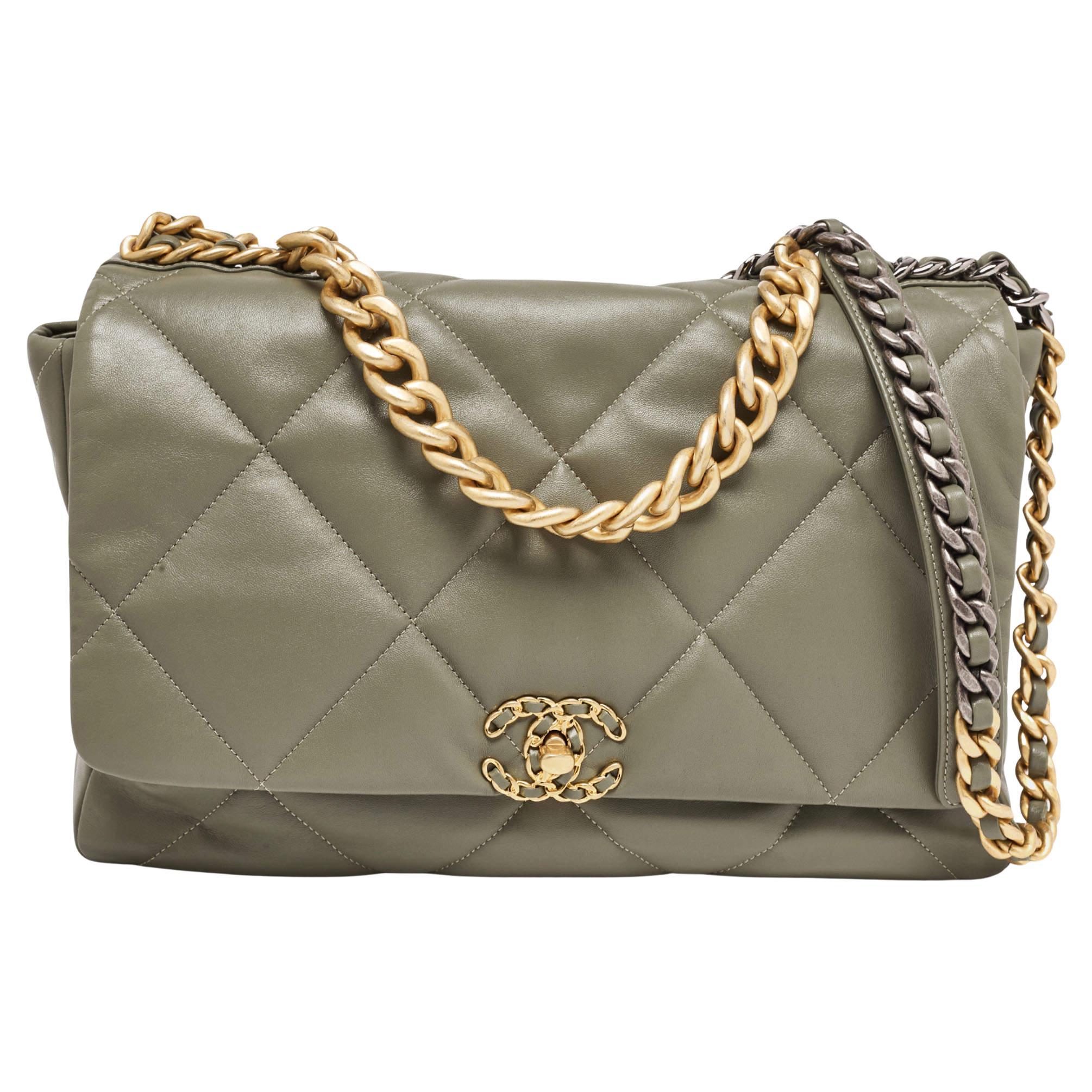 Chanel Fatigue Green Quilted Leather Maxi 19 Shoulder Bag