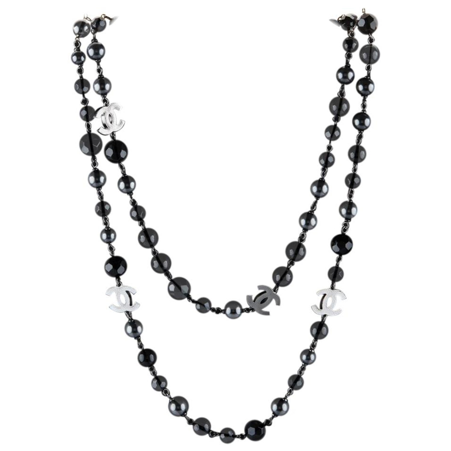 Chanel Faux Black Pearl Bead Necklace Long 44" Circa 2014 Fall Continuous  Line For Sale at 1stDibs