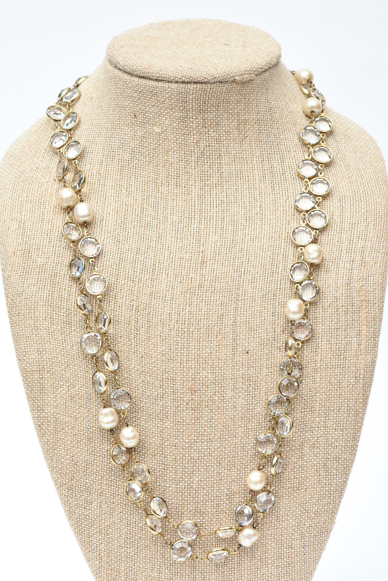 Antique Cushion Cut Chanel Vintage Faux Pearl and Bevel Clear Crystal Wrap Necklace For Sale