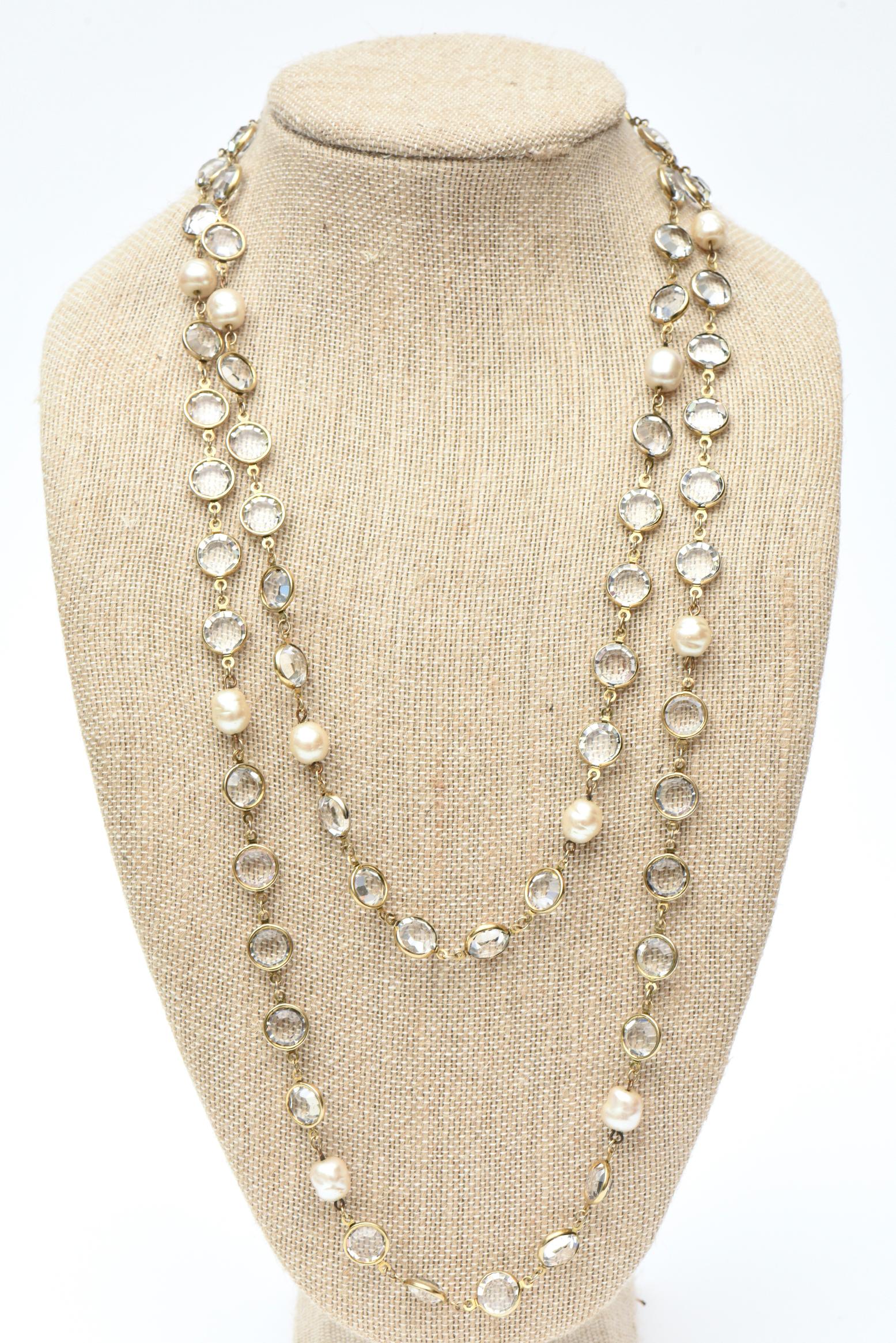 Chanel Vintage Faux Pearl and Bevel Clear Crystal Wrap Necklace In Good Condition For Sale In North Miami, FL