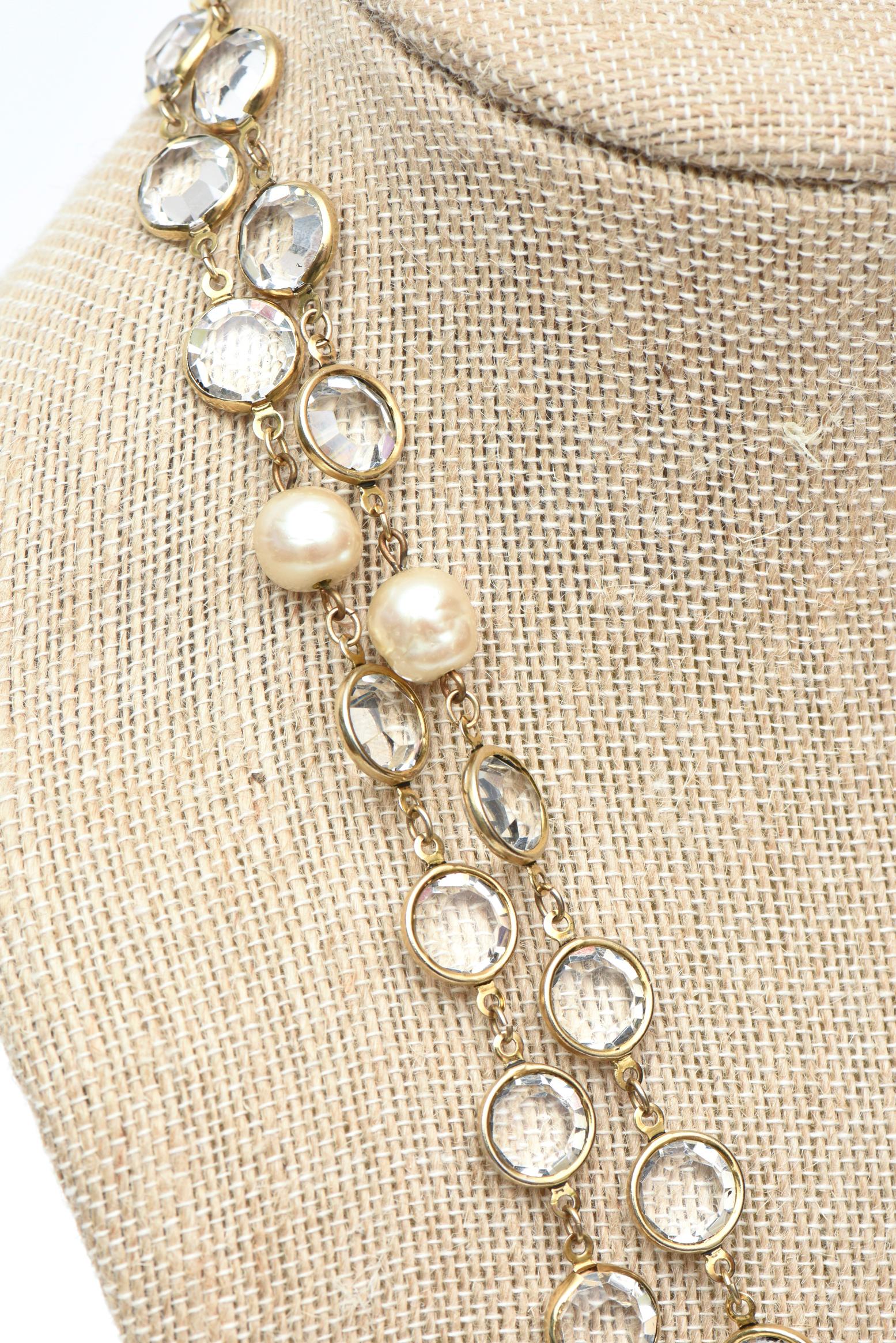 Women's Chanel Vintage Faux Pearl and Bevel Clear Crystal Wrap Necklace For Sale