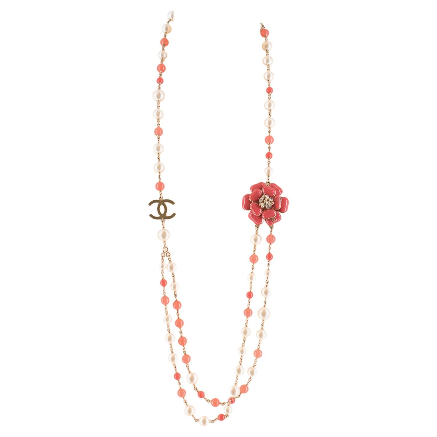 Chanel Faux Pearl and Crystal CC Camellia Necklace at 1stDibs