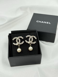 Chanel Faux Pearl and Crystal CC Drop Earrings