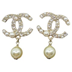 Chanel Faux Pearl and Crystal CC Drop Earrings