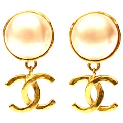 Chanel Faux Pearl and Gold Plated Drop Clip On Earrings Vintage