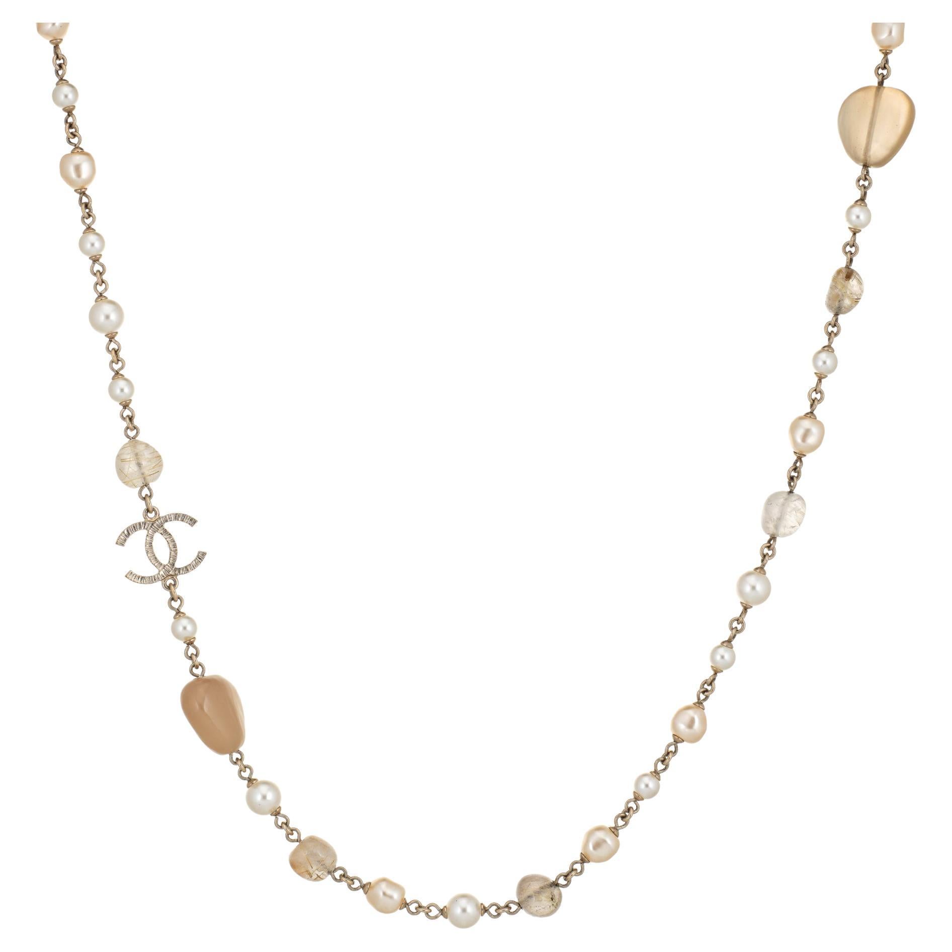 Chanel Faux Pearl Bead Necklace c2014 Cruise Long 41" Estate Yellow Gold Tone  For Sale