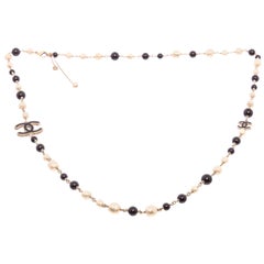 Chanel Faux Pearl & Black Bead CC Station Necklace