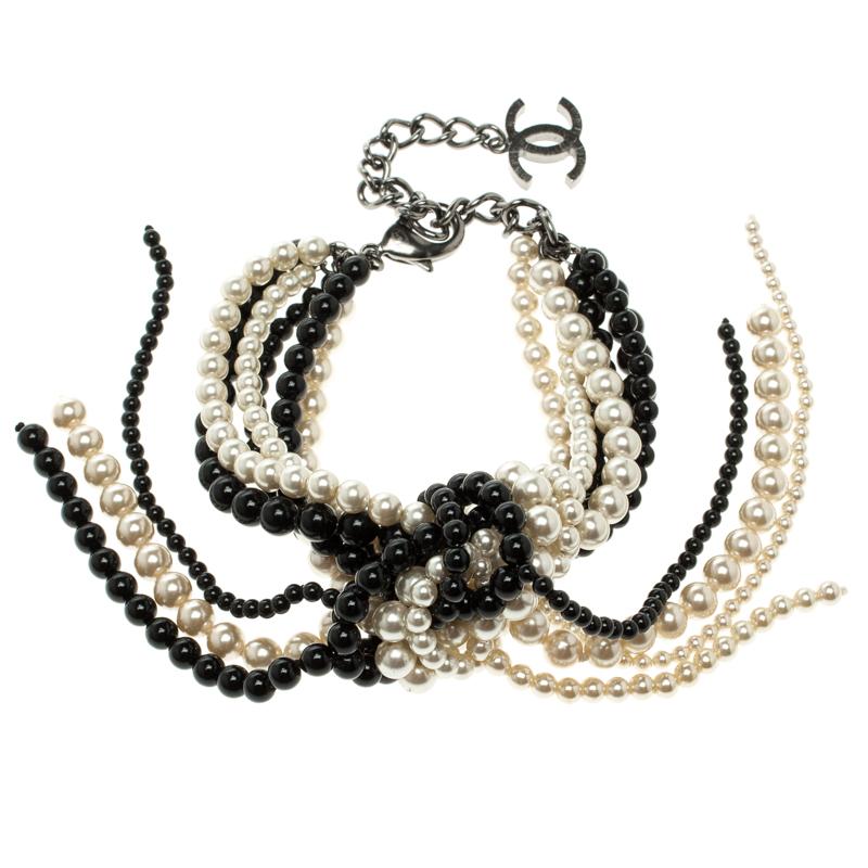 Contemporary Chanel Faux Pearl Black Bead Multi Strand Tassel Bracelet