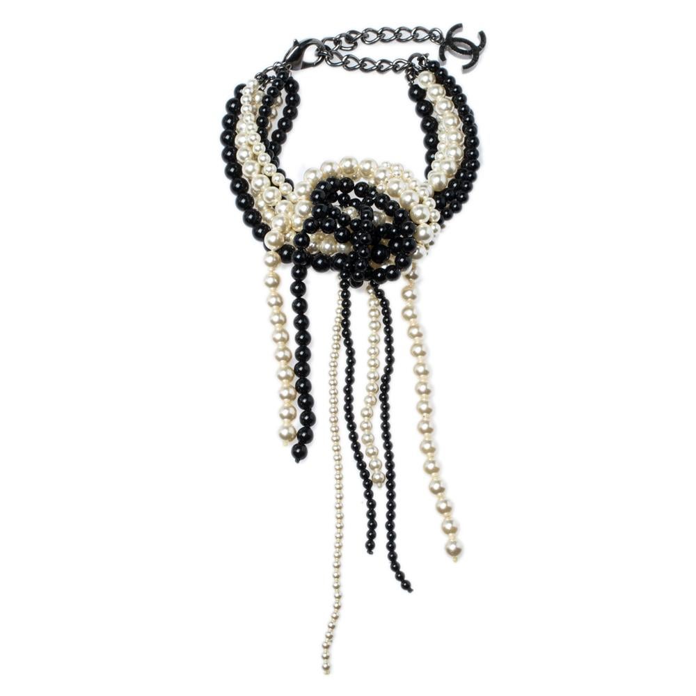Contemporary Chanel Faux Pearl Black Bead Multi Strand Tassel Bracelet