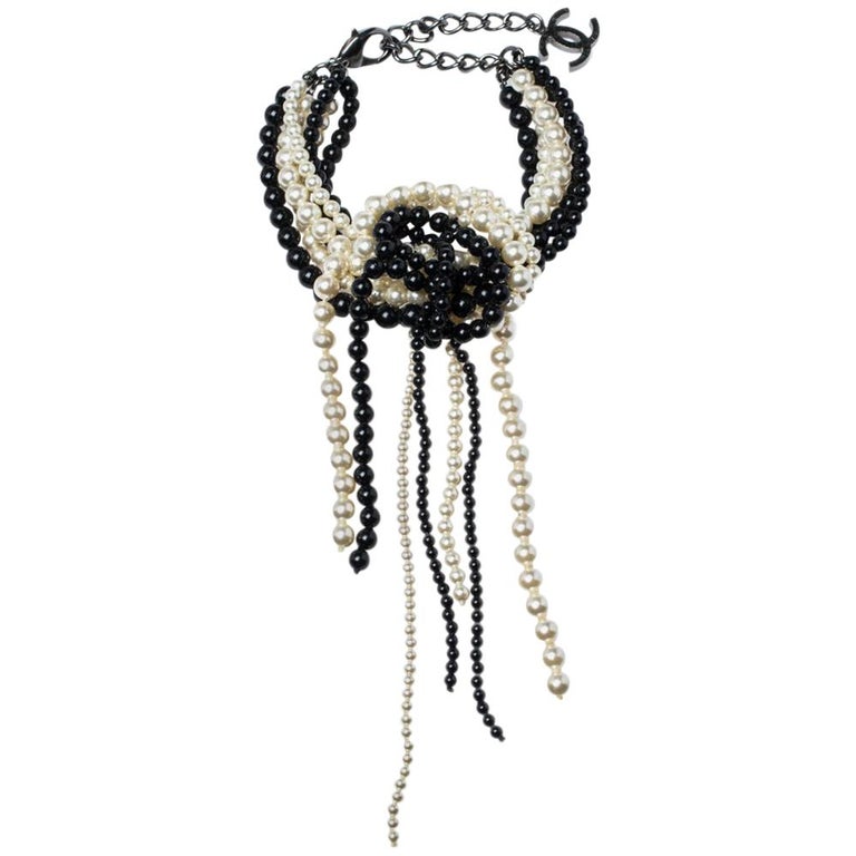 Chanel Faux Pearl Black Bead Multi Strand Tassel Bracelet at 1stDibs