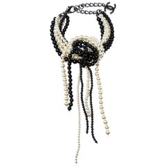 Chanel Faux Pearl Black Bead Multi Strand Tassel Bracelet