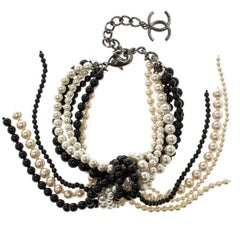 Chanel Faux Pearl Black Bead Multi Strand Tassel Bracelet
