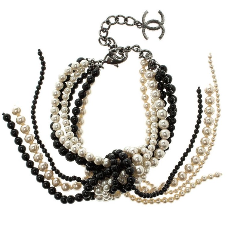 Chanel Faux Pearl Black Bead Multi Strand Tassel Bracelet at 1stDibs
