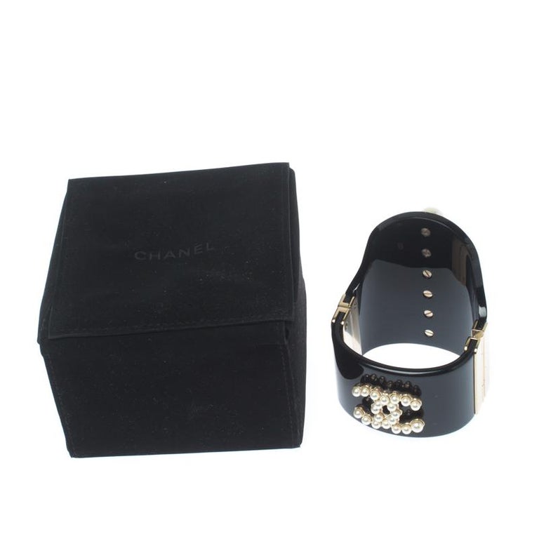 Chanel Faux Pearl Black Resin Gold Tone Wide Cuff Bracelet For Sale at