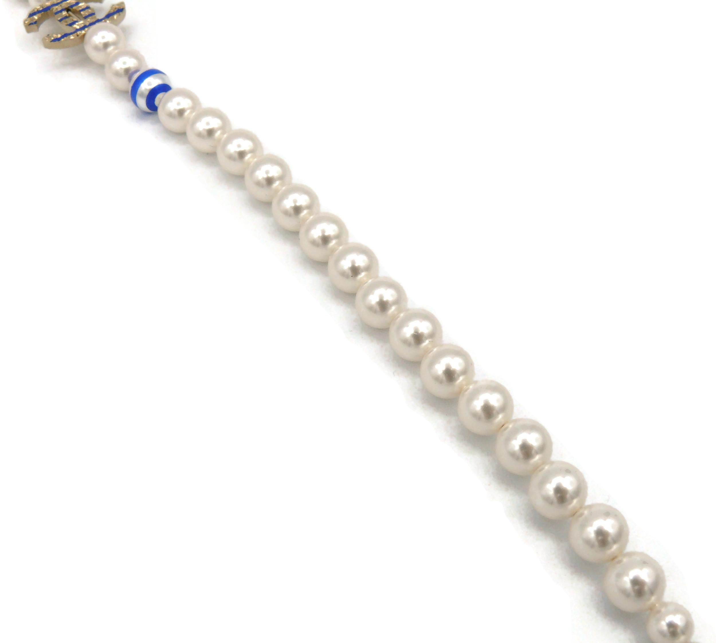 Chanel Faux Pearl Blue Sripes CC logos Necklace, Resort 2019 For Sale 10