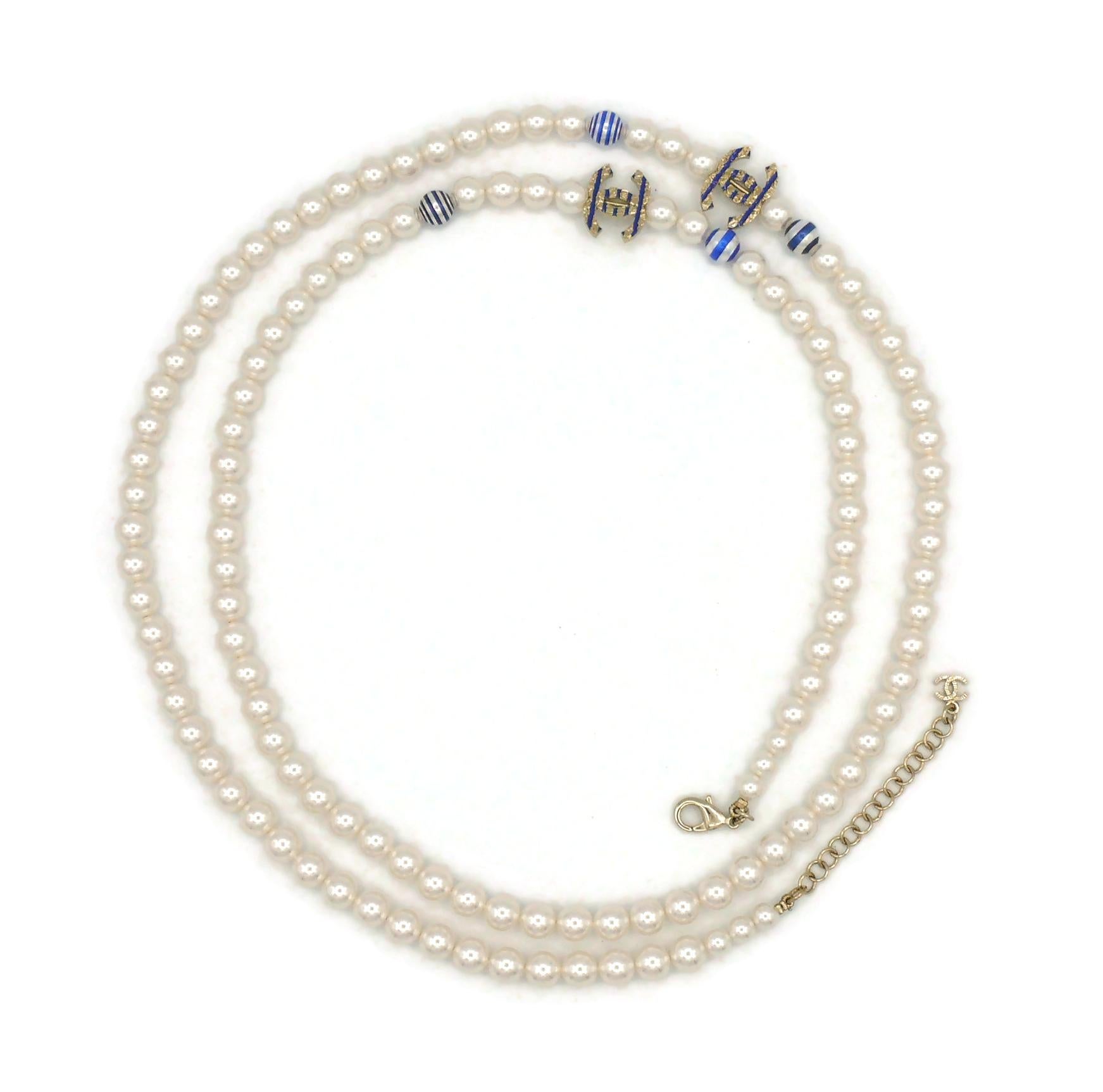 Chanel Faux Pearl Blue Sripes CC logos Necklace, Resort 2019 For Sale 11