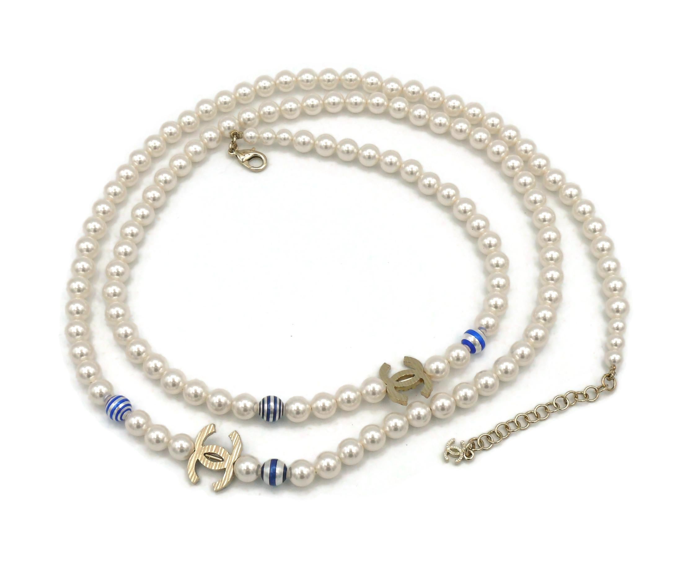 Chanel Faux Pearl Blue Sripes CC logos Necklace, Resort 2019 For Sale 12