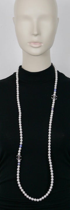 Chanel Faux Perle Blau Sripes CC Logos Halskette, Resort 2019