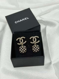 Chanel Faux Pearl CC Black Crystal Dangle Earrings