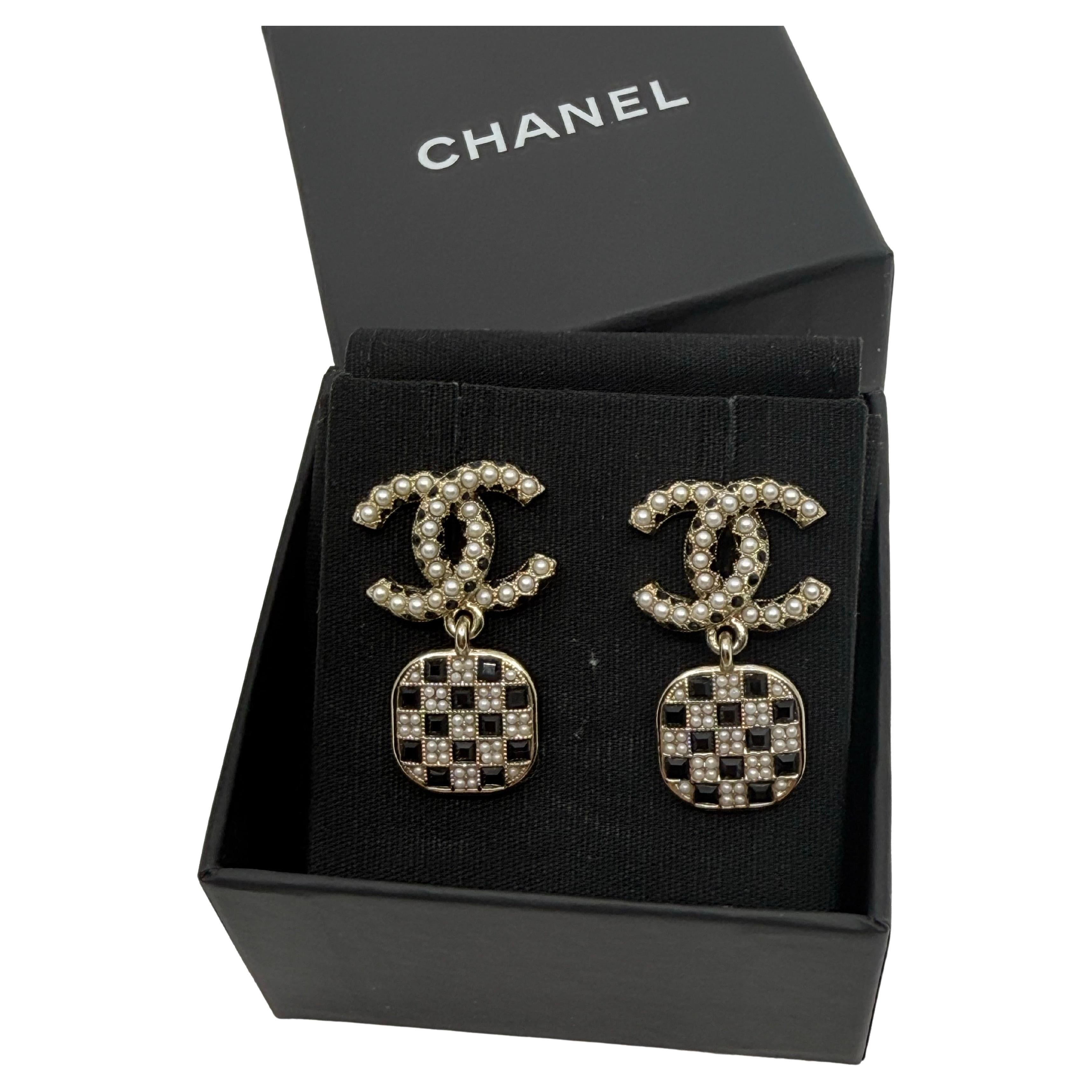 Chanel Faux Pearl CC Black Crystal Dangle Earrings
