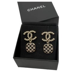 Chanel Faux Pearl CC Black Crystal Dangle Earrings