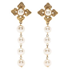 Chanel Faux-Pearl Cross Drop Clip-on Earrings
