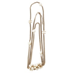 Chanel Faux Pearl 
Crystal Pendant 
Layered Gold Tone Chain Necklace