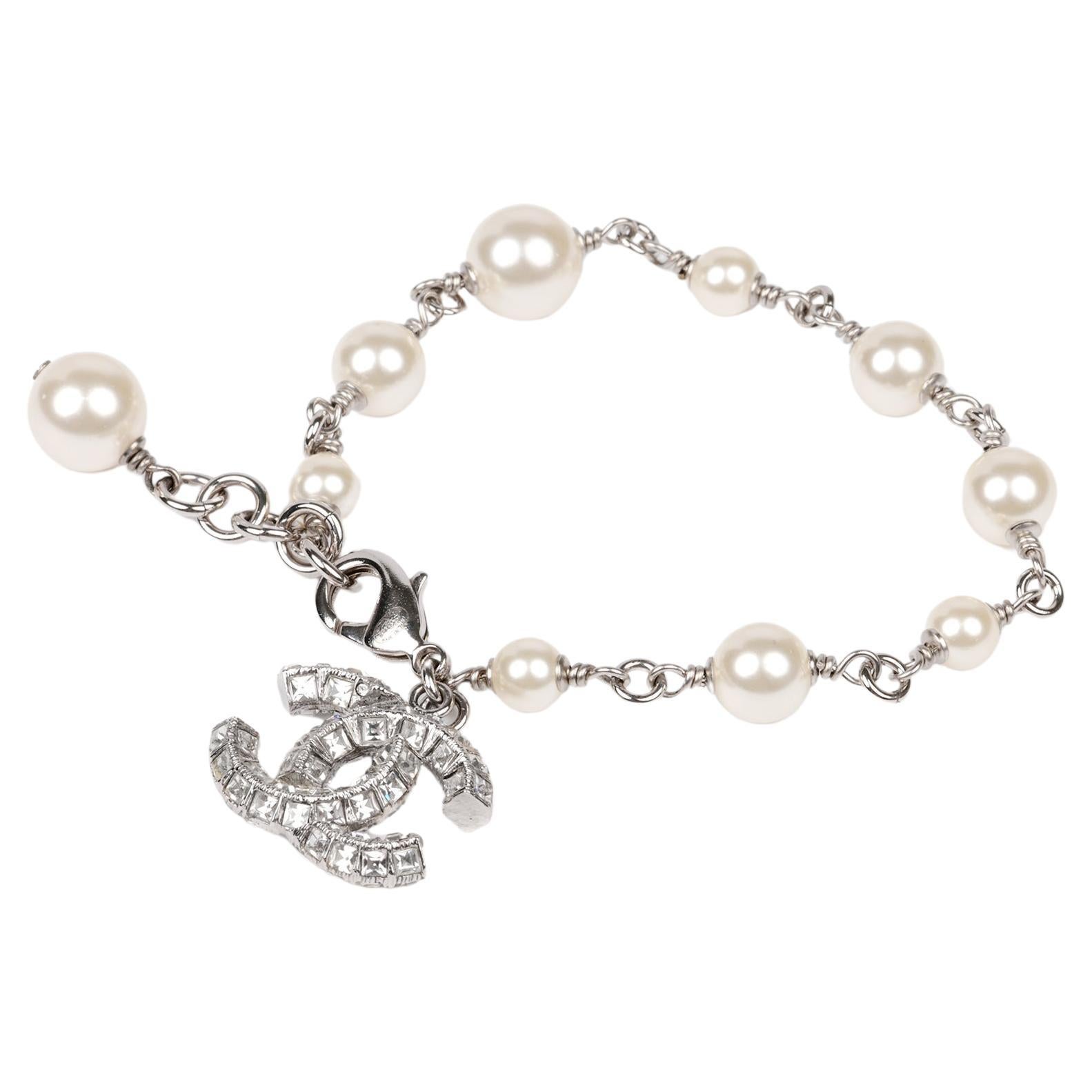 Chanel Faux Pearl & Crystal Silver Tone CC Bracelet