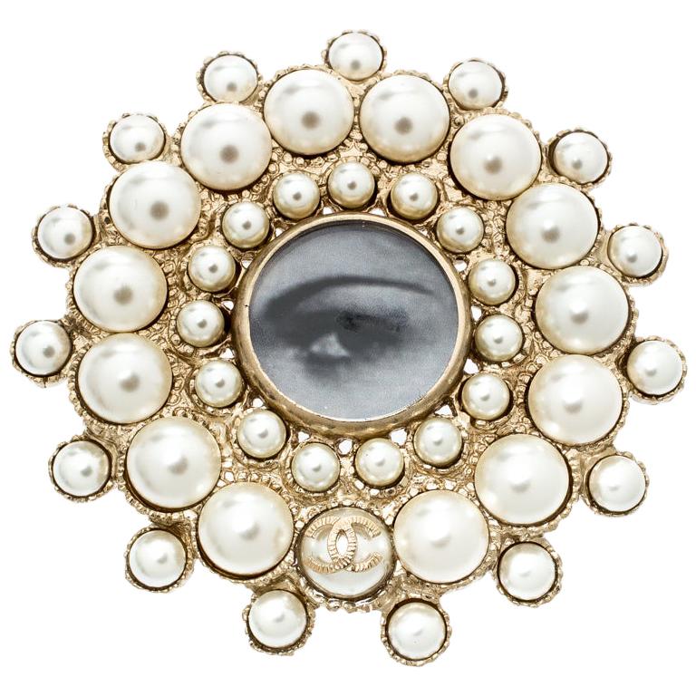 Chanel Faux Pearl Embedded Eye Print Circular Brooch